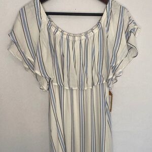 NWT Wanderlux Yasmin Off The Shoulder White Blue Striped Mini Dress, Small NEW